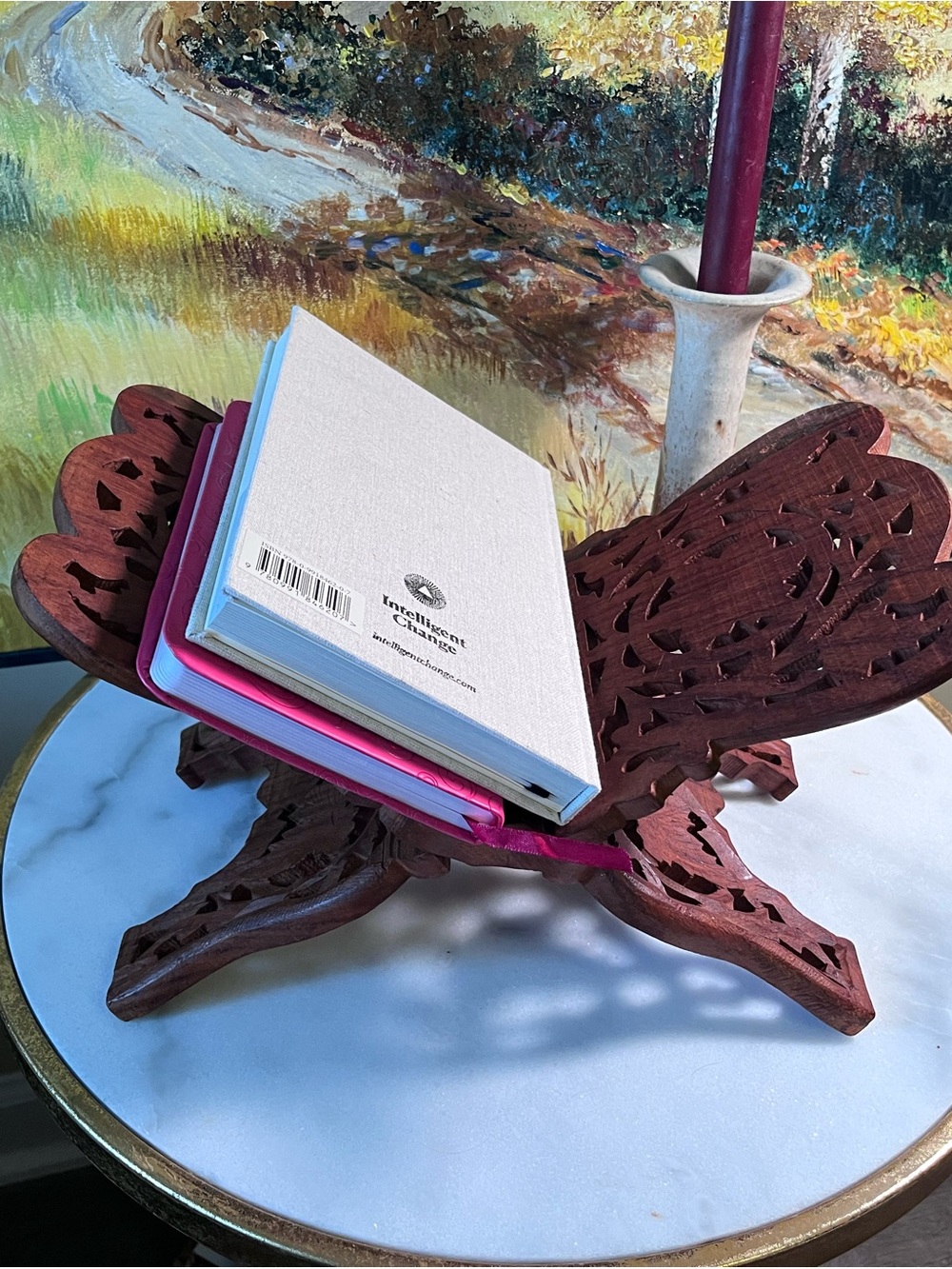 Ornate carved wooden book holder stand  cookbook bible